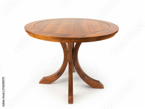 Elegant round wooden table with a smooth finish and curved legs, isolated on a white background.