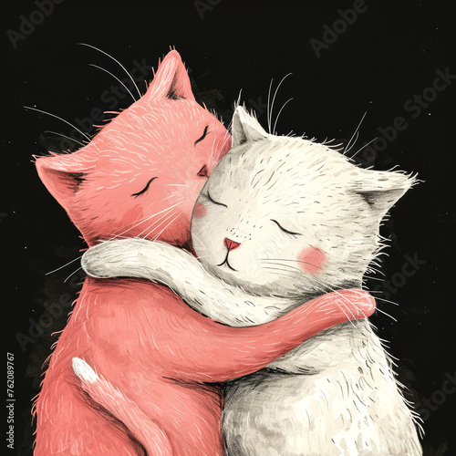 Hugging Cat Illustration.  Generated Image.  A digital illustration of two affectionate kittes hugging each other. photo