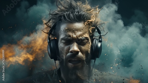 Man Listening to Music Surrounded by Smoke
