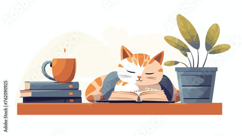 Concept of cozy home and reading. Cute cat isolated sleep