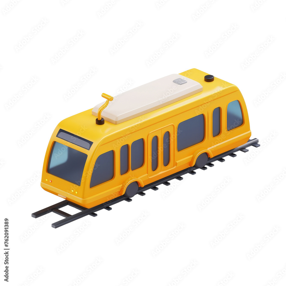 Modern yellow tram on rails rendered in 3D, a symbol of urban public transport on transparent