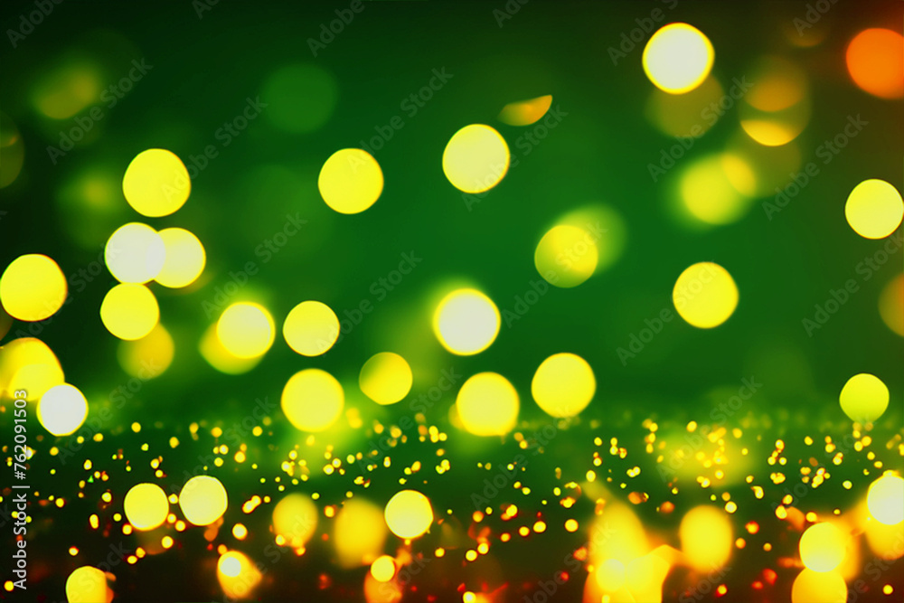Abstract blurred background, golden blurred bokeh lights on green background. Sparkling, glowing pattern. Holiday wallpaper.