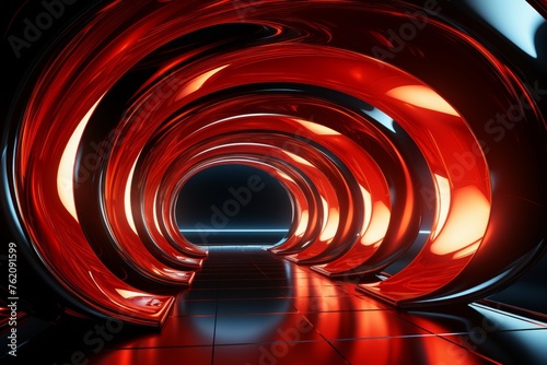 Futuristic 3d red grid tunnel or wormhole - cosmic funnel-shaped spiral technology photo
