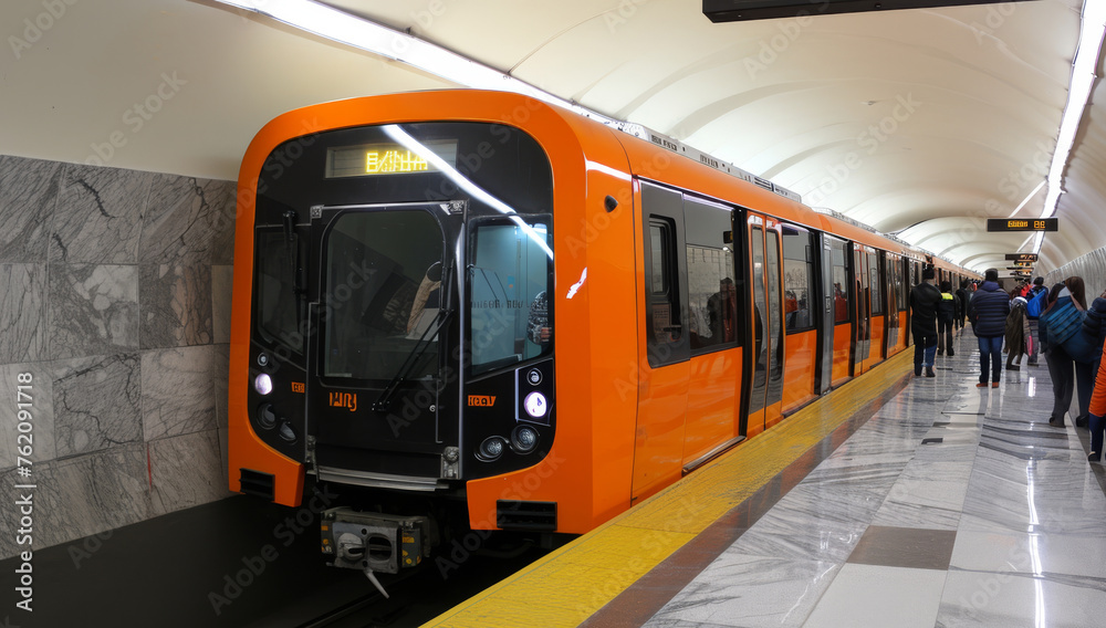 An orange metro train approaches the station, its sleek design and vibrant color contrasting against the backdrop of the underground tunnel.