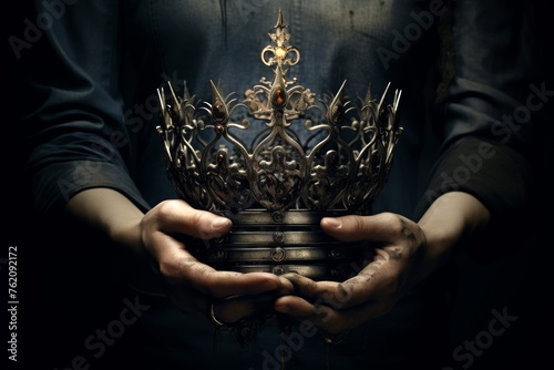 
Photography focusing on the hands holding the crown, detailed enough to see the texture of the skin against the metal of the crown, representing the human aspect of monarchy. photo