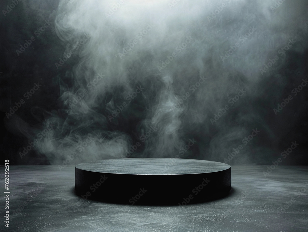 Podium black dark smoke background product platform abstract stage texture fog spotlight. Dark black floor podium dramatic empty night room table concrete wall scene place display studio smoky dust 