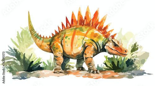 Dinosaur watercolor illustration. Orange Stegosauru © Noman