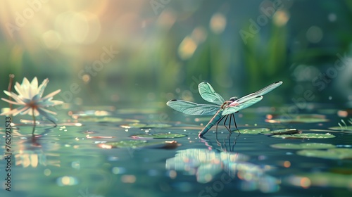 At the edge of a shimmering pond, a delicate dragonfly hovers gracefully, its translucent wings catching the light in a dazzling display of iridescence. photo