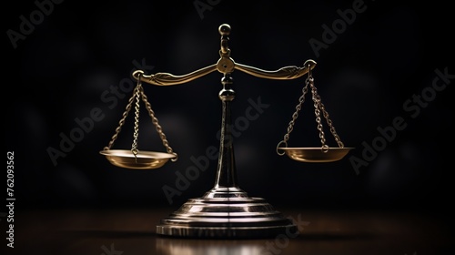 Scales of justice on a wooden table on a dark background