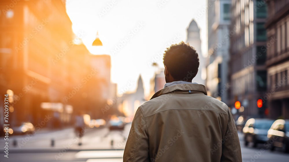 Rear View of a Man Walking Down the Busy City Street at Sunset with Backpack, Embodies Urban Commute and the Concept of Journeying into the Evening Rear View of a Man Walking Down the Busy City Street at Sunset with Backpack, Embodies Urban Commute and the Concept of Journeying into the Evening