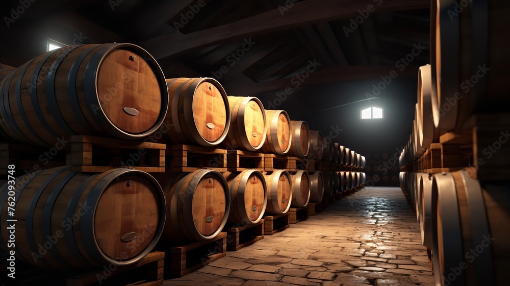 Oak Wine Barrels in Old Dark Wine Cellar Stack

