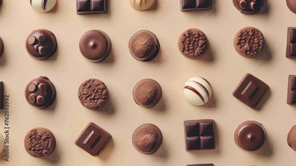 Top-down photo showcases an array of luxurious chocolate treats, featuring white, dark, and milk varieties against a vibrant beige backdrop. Top-down photo showcases an array of luxurious chocolate treats, featuring white, dark, and milk varieties against a vibrant beige backdrop.