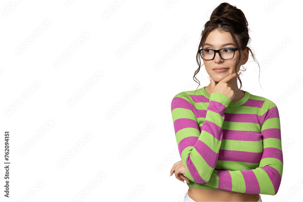 PNG, A young girl in glasses is thinking, isolated on white background