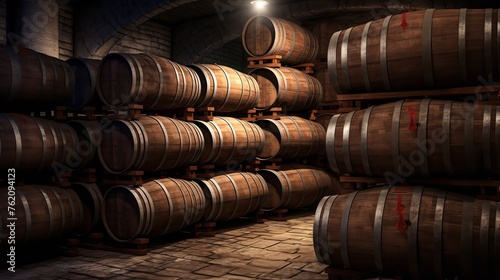 Oak Wine Barrels in Old Dark Wine Cellar Stack