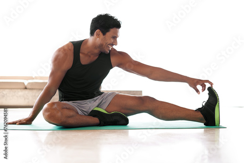 фотографія Man, leg and stretching on yoga mat or exercise flexibility with stiff muscles for athlete training, mobility or workout