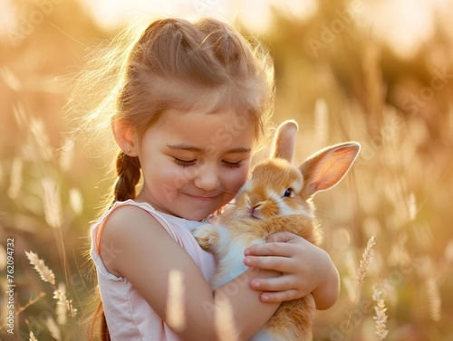 Happy little girl is holding a little rabbit bunny on spring field © JetHuynh