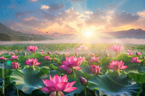 Sunrise over a serene lotus pond with pink lotus flowers in bloom, surrounded by lush greenery and mountains. Concept of tranquility, nature, and beauty. 
