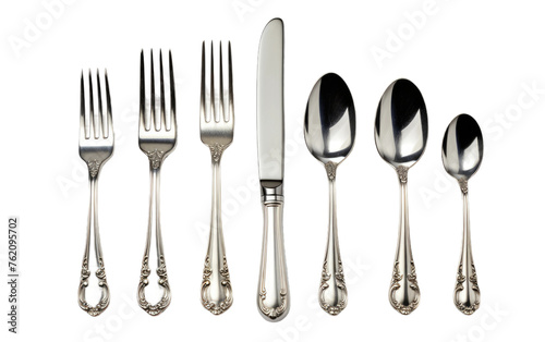 A Set of Silverware With Knife, Fork, and Spoon. On a White or Clear Surface PNG Transparent Background.