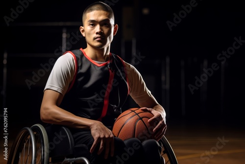  Portrait of a young man from Japan, determined and focused, in his wheelchair, representing his country in wheelchair basketball  © Hanna Haradzetska