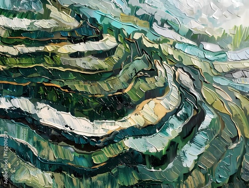 moody vintage Textured Abstract Oil Painting. Rice terraces in Bali. Sparkling water reflections, wavy lines. Use the colours Plantation Green, Cerulean, White, Dark Emerald, White, Gold 