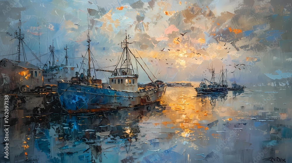 a painting of paint with brown and grey tones,fishing port at dusk ,, atmospheric blues, light bronze and orange, distressed and weathered surfaces,  - obrazy, fototapety, plakaty 