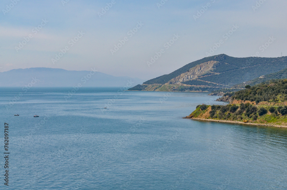 scenic view of Marmara sea and Kapakli cape from Armutlu - Gemlik highway (Yalova province, Turkey)a
