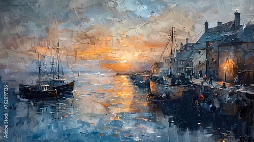 a painting of paint with brown and grey tones fishing port at dusk    atmospheric blues  light bronze and orange  distressed and weathered surfaces  
