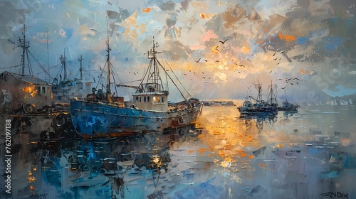 a painting of paint with brown and grey tones,fishing port at dusk ,, atmospheric blues, light bronze and orange, distressed and weathered surfaces,  photo