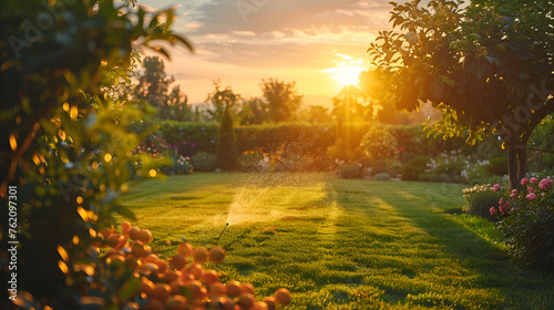 Landscape automatic garden watering system with different rotating sprinklers installed on turf, landscape design with lawn and fruit garden irrigated with smart autonomous sprayers at sunset time. photo