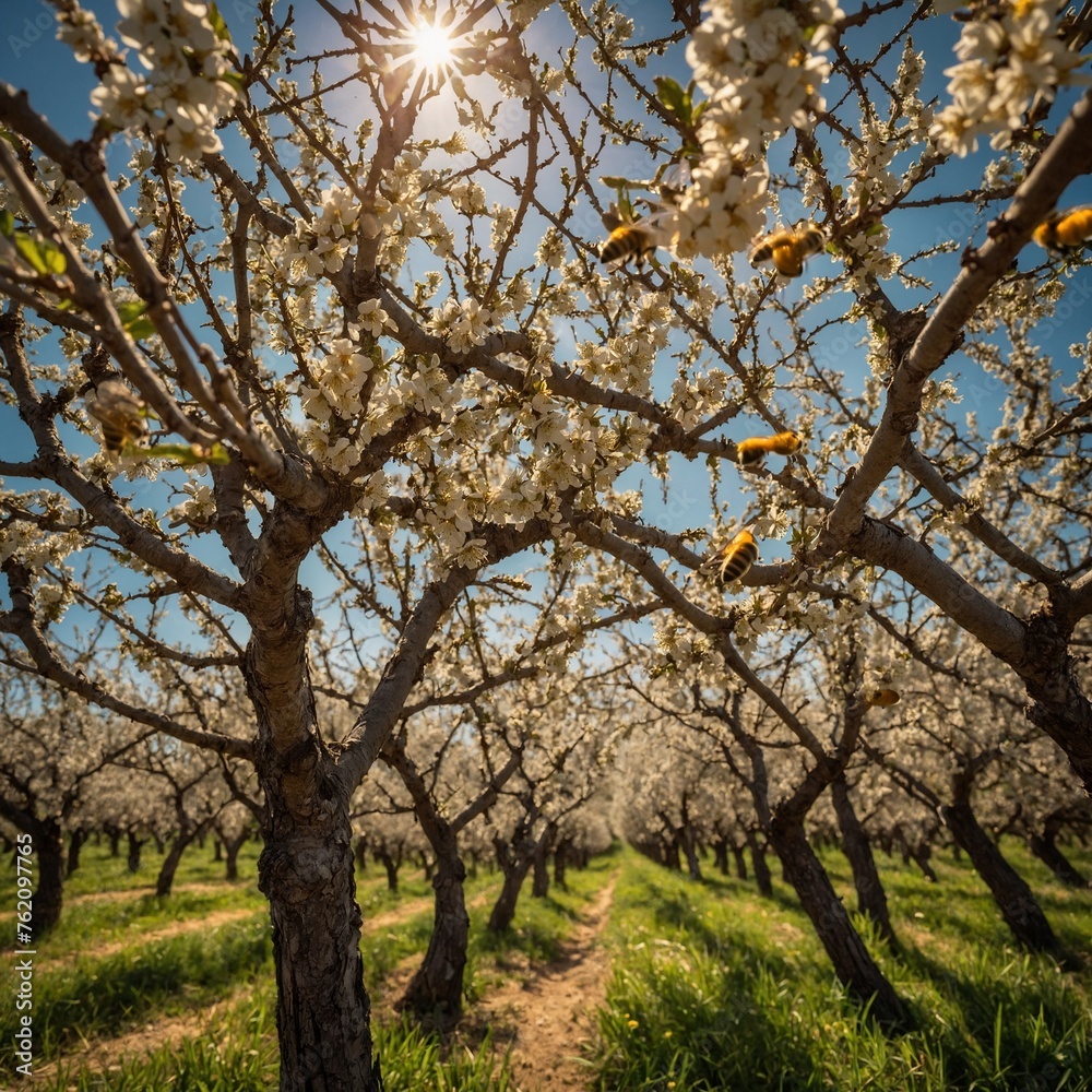 Transport the viewer to a sun-drenched orchard, where bees dart among the branches of fruit trees, their industrious buzzing a testament to their vital role in the pollination process, every movement 