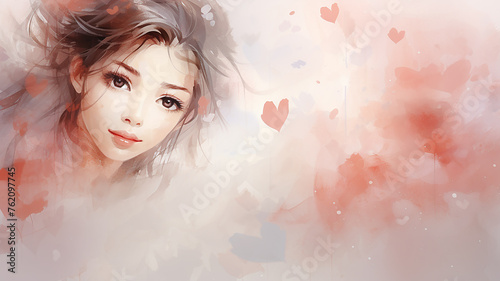 Dark-haired girl on a pink background with hearts, romantic greeting card in watercolor style