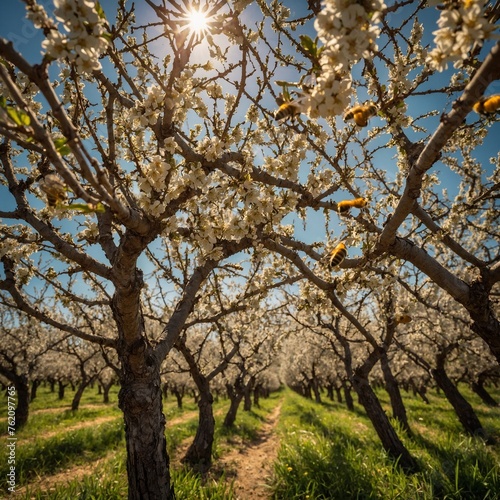 Transport the viewer to a sun-drenched orchard, where bees dart among the branches of fruit trees, their industrious buzzing a testament to their vital role in the pollination process, every movement 