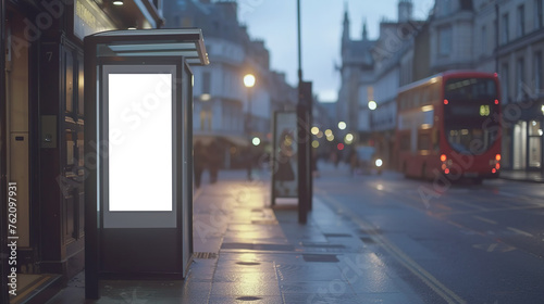 customizable digital bus stop display for advertising presentation mockup in London environment, day view