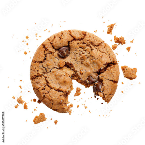 Close up of an half eaten cookie with crumb against a white background