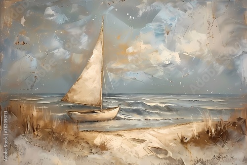 sailboat, vintage neutral beach landscape, beach oil painting