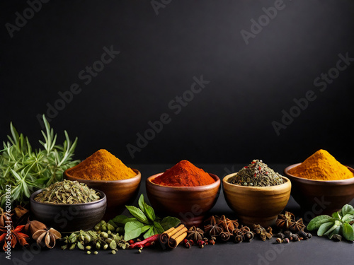 Wide variety spices and herbs on background of black table, with empty space for text or label