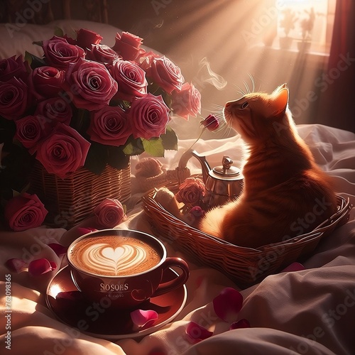 good morning my love Coffee in bed. Morning rays of the sun, roses and a cute playful kitty
