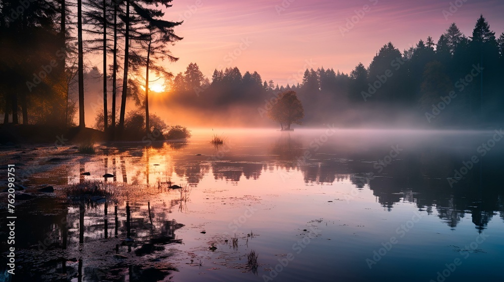 Fototapeta premium Sunrise Over Misty Lake with Silhouetted Trees and Soft Reflections