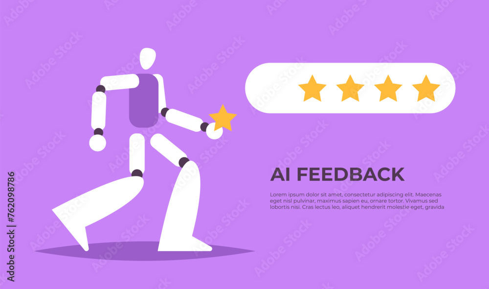 AI Robot Chatbot and online survey. Artificial intelligence leaves feedback with 4 stars. Artificial intelligence and business internet of things concept. Flat vector illustration. AI Robot Chatbot and online survey. Artificial intelligence leaves feedback with 4 stars. Artificial intelligence and business internet of things concept. Flat vector illustration.