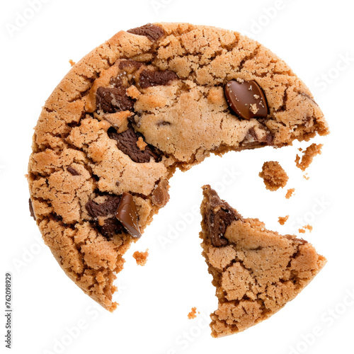 Close up of an half eaten cookie with crumb against a white background