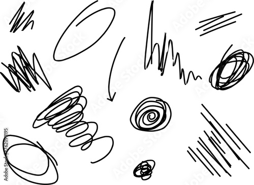 Scratch pen line scribble pencil vector. Scratch texture, pen line sketch mark, brush stroke. Hand drawn doodle grunge graffiti texture marker stroke. Pencil scrawl effect. Vector illustration