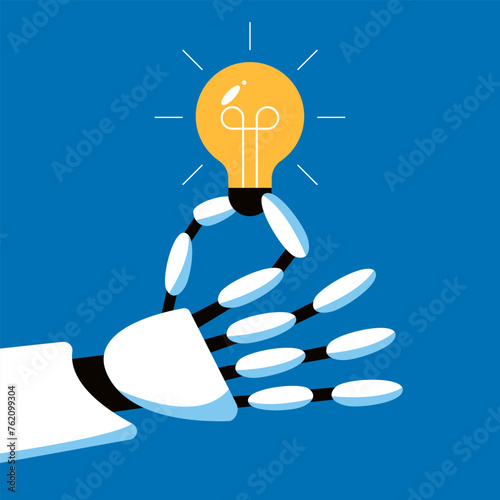 Robot arm light bulb and develops an innovative business idea or strategy. Brainstorming humanoid robots showcases artificial intelligence. Innovation and science concept. Flat vector illustration.