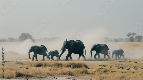 A family of elephants trekking across the savanna, dust rising with each heavy step