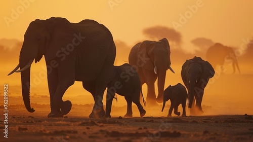 A family of elephants trekking across the savanna, dust rising with each heavy step
