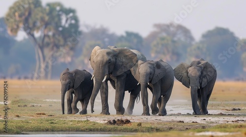 A family of elephants trekking across the savanna, dust rising with each heavy step