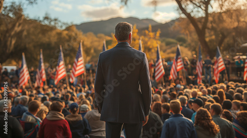 A scene of people standing in front of a background of American flags. The scene is charged with tension and meaning as it symbolizes the presidential election.