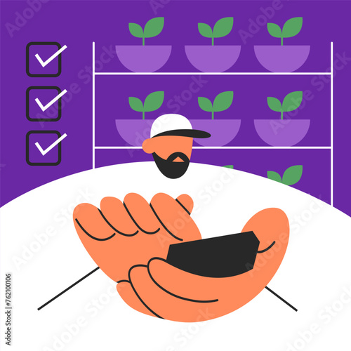 Smart farm cultivators app. Robotic cultivators with artificial intelligence using future technologies. Smart greenhouse under robot machines operation. Flat vector illustration.