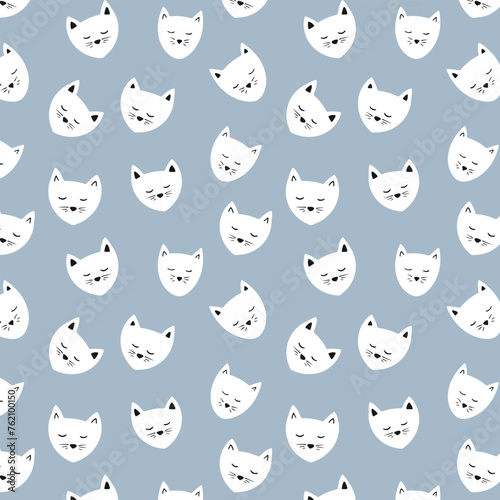 White and blue kittens pattern in line art hand-drawn style. Cute minimalist cats illustrations and graphic design elements. Line art animal pattern for a baby. Hand drawn seamless pattern.