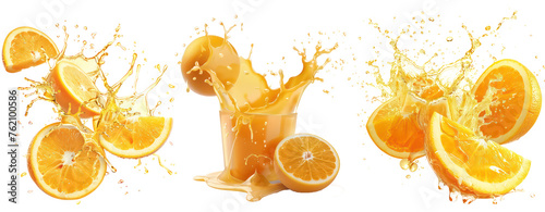 Set of delicious oranges juice splash cut out, fruit juice crown splashes wave swirls drops, isolated on transparent background. photo