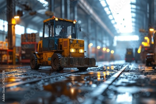 Forklift working in warehouse. Selective focus. Shallow depth of field